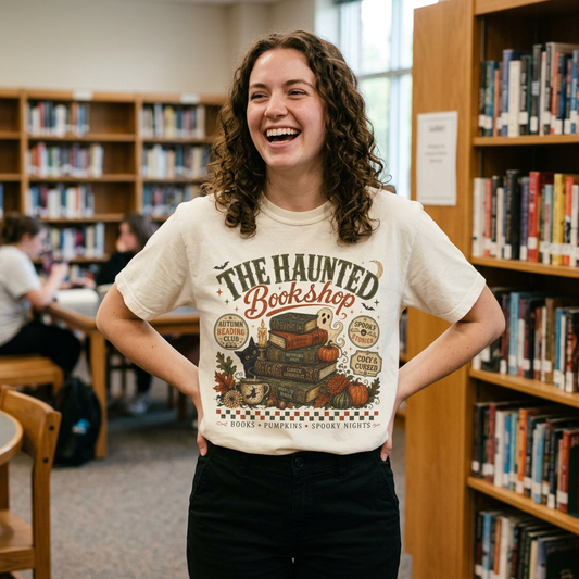 The Haunted Bookshop T-Shirt, Spooky Book Lover Shirt, Cozy Autumn Reading Tee, Halloween Bookstore Graphic, BookTok Reader Gift