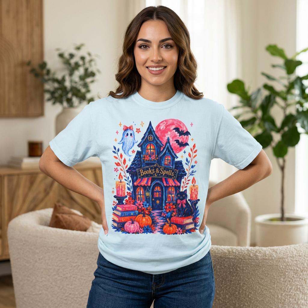 Books & Spells T-Shirt, Witchy Bookstore Halloween Shirt, Cozy Book Lover Tee, Black Cat Ghost Pumpkin Graphic, Booktok Fall Shirt
