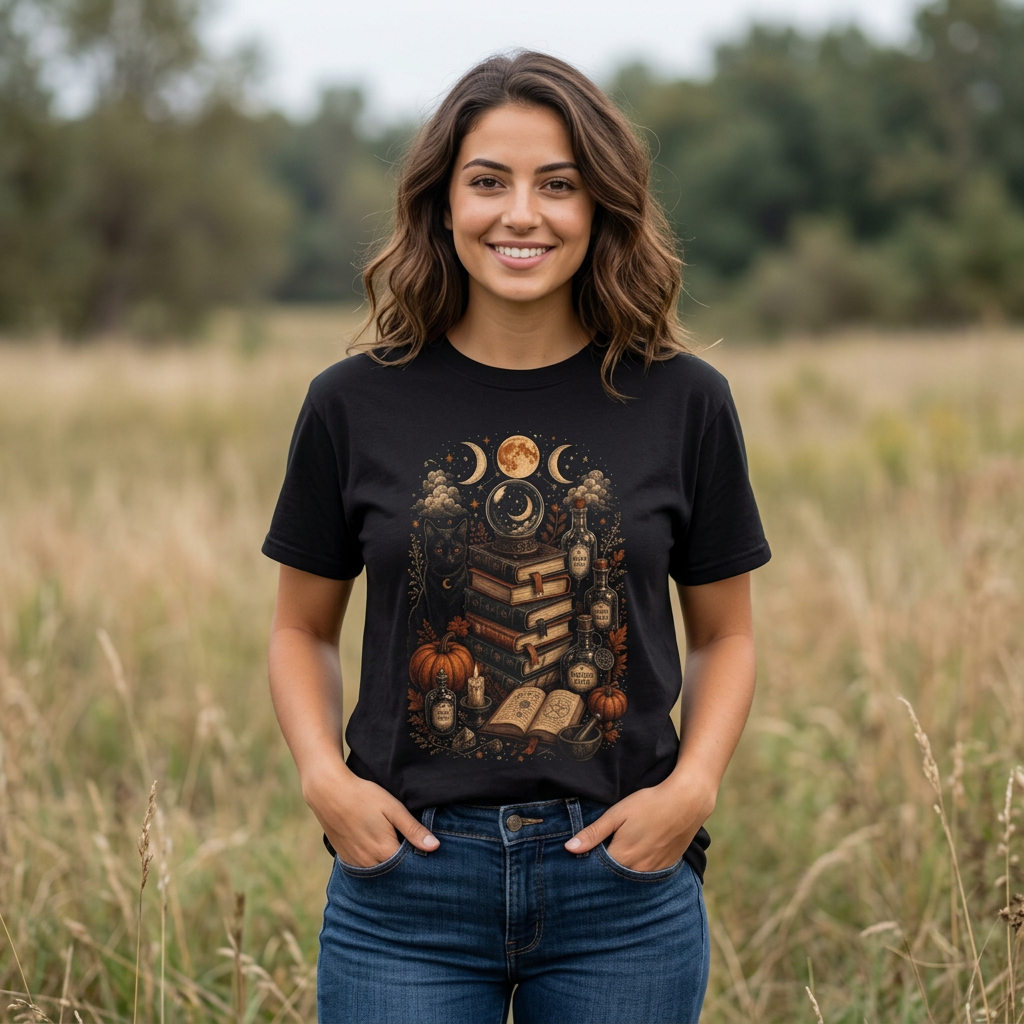 Witchy Book Stack T-shirt | Black Cat, Pumpkins, Moon Phases