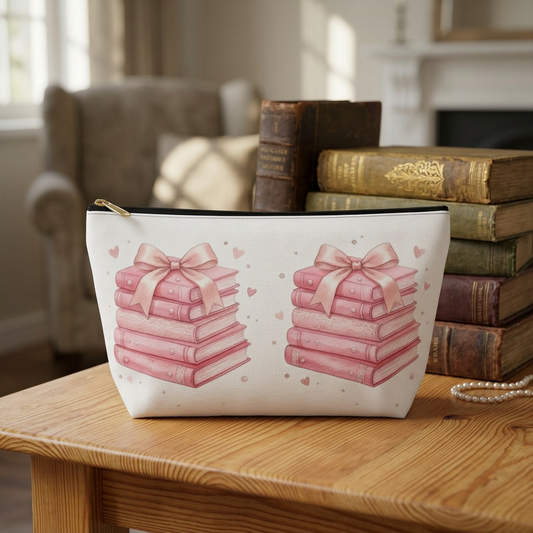 Stacked Pink Books with Bow Accessory Pouch | Cute Book Lover Cosmetic Bag