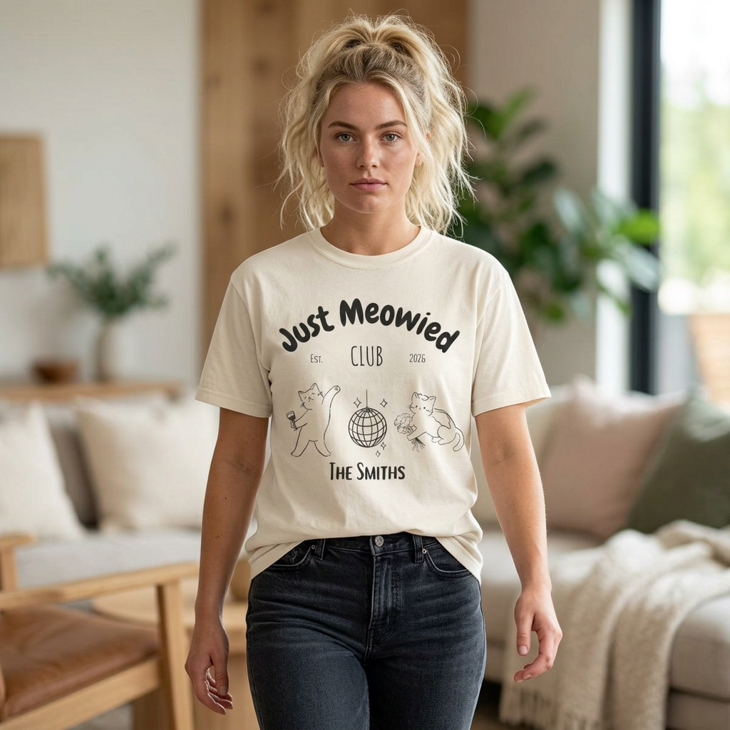 Just Married Cat Wedding Shirt Newlywed Couple Matching T-Shirt Comfort Colors Mr And Mrs Tee Just Meowied Honeymoon Gift For Bride Groom