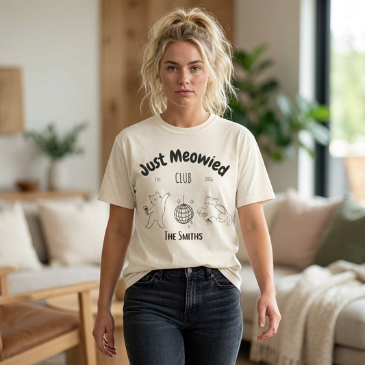 Just Married Cat Wedding Shirt Newlywed Couple Matching T-Shirt Comfort Colors Mr And Mrs Tee Just Meowied Honeymoon Gift For Bride Groom