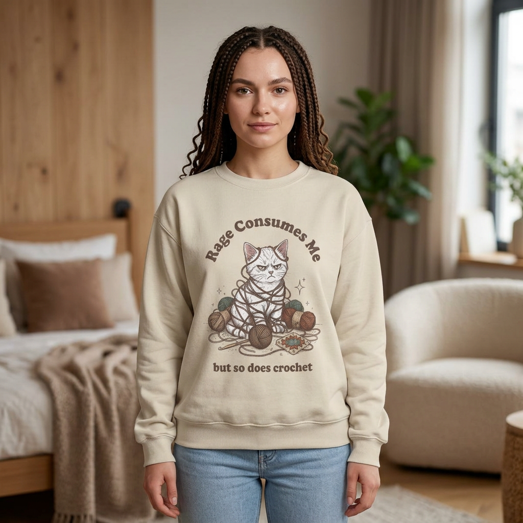 Rage Consumes Me Crochet Cat Shirt, Funny Knitting Tee, Grandma Hobbies Sweatshirt