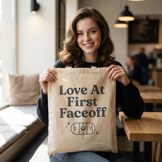 Love At First Faceoff Tote Bag, Hockey Romance Booktok Canvas Tote, Sports Romance Reader Gift Bag