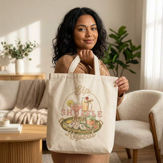 Sip Shuffle Repeat Tote Bag, Mahjong Social Club Canvas Tote, Pastel Girls Night Gift Bag, Mahjong Lover Tote