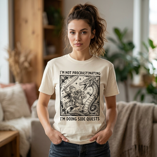 I'm Not Procrastinating I'm Doing Side Quests T-Shirt, Funny Gamer Tee, RPG Knight vs Dragon Shirt, Fantasy Gaming Graphic T-Shirt, Nerd Gift