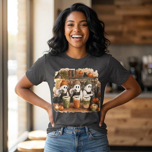 Ghost Trio with Pumpkin Lattes T-Shirt, Cute Halloween Coffee Shirt, Cozy Fall Ghost Tee, Pumpkin Spice Graphic, Autumn Coffee Lover Gift