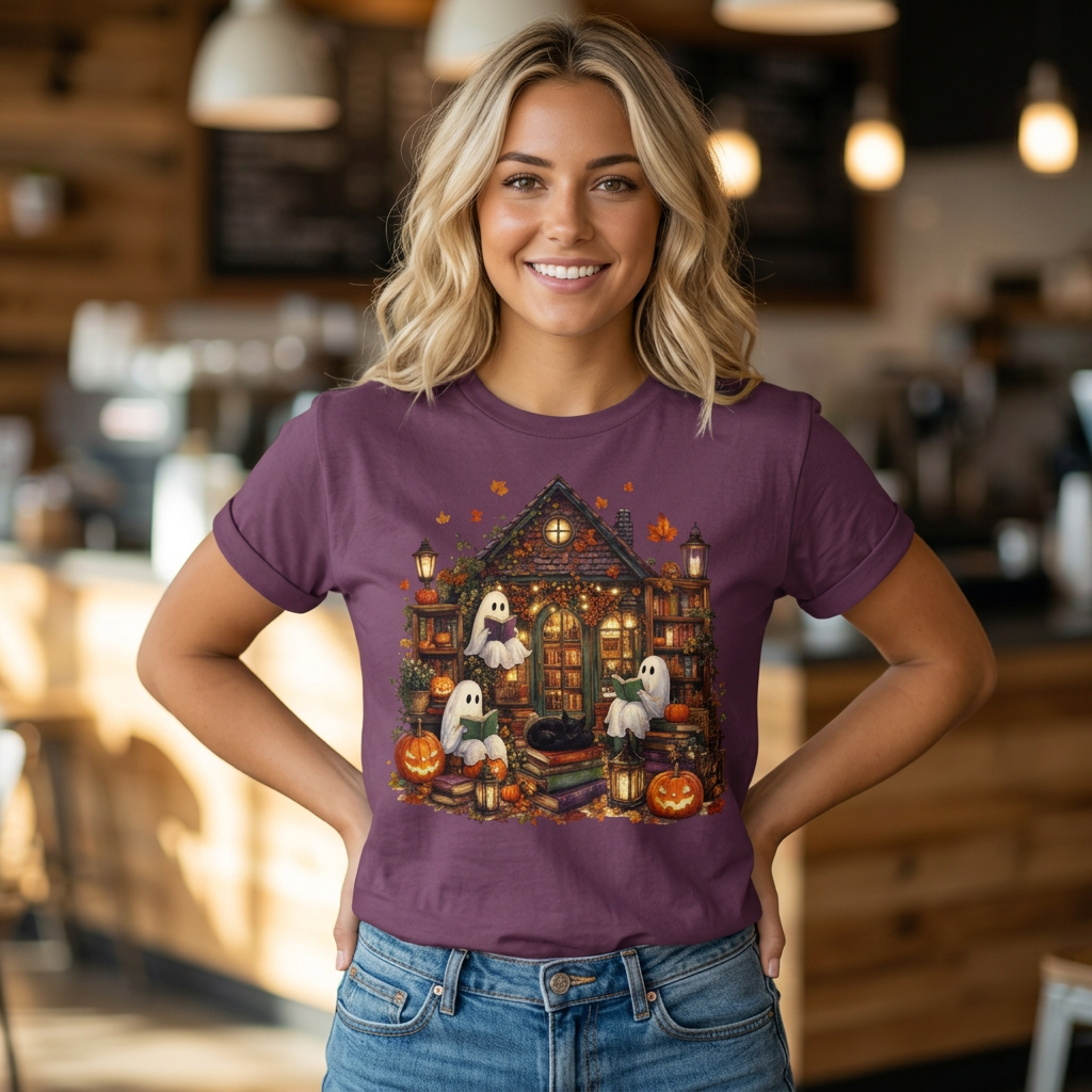 Cute Ghosts Haunted House T-Shirt, Halloween Pumpkin Shirt, Autumn Leaves Graphic Tee, Spooky Cute Fall Shirt, Cozy Halloween Gift