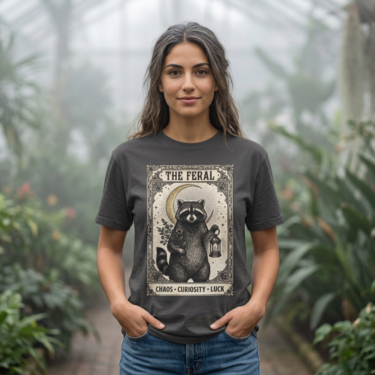 Raccoon Lantern Illustration T-Shirt, Feral Chaos Curiosity Luck Tee, Cute Woodland Raccoon Shirt, Cottagecore Animal Gift