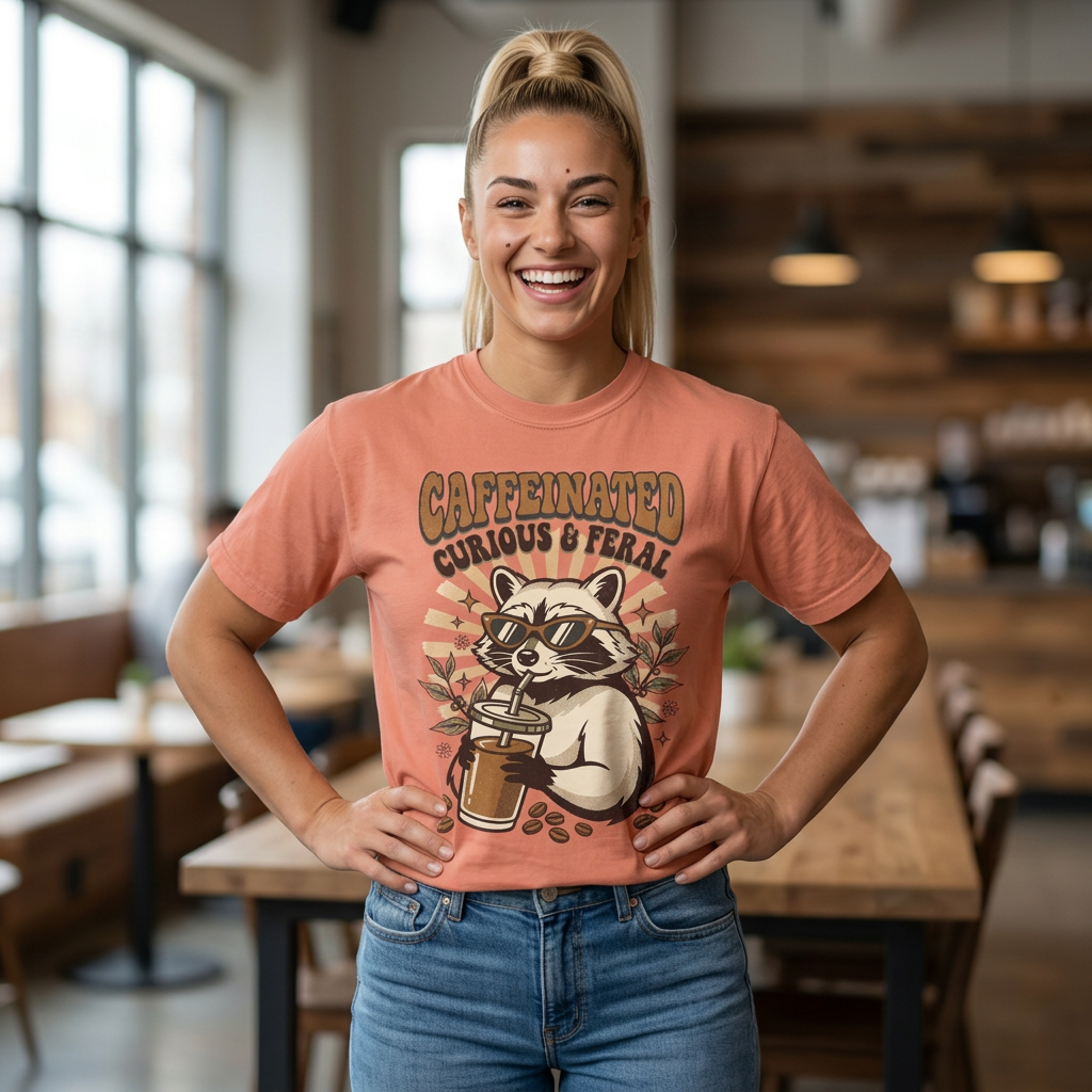 Caffeinated Curious & Feral Raccoon T-Shirt, Funny Coffee Lover Raccoon Tee, Goblincore Animal Shirt, Nature Lover Gift