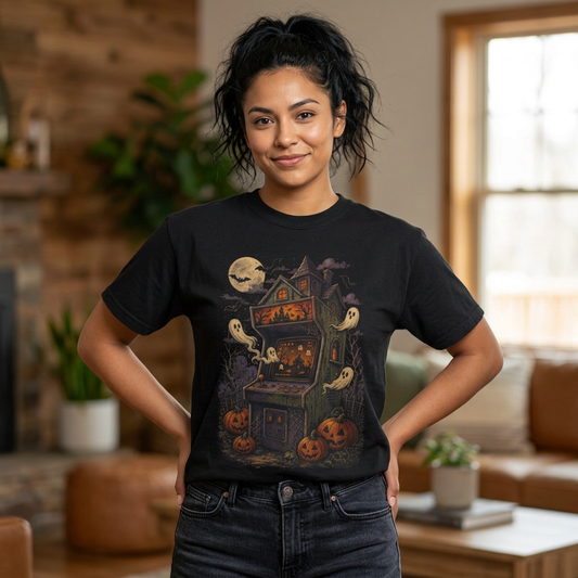 Haunted Arcade Cabinet T-shirt | Halloween ghosts, jack-o'-lanterns, moonlit haunted house