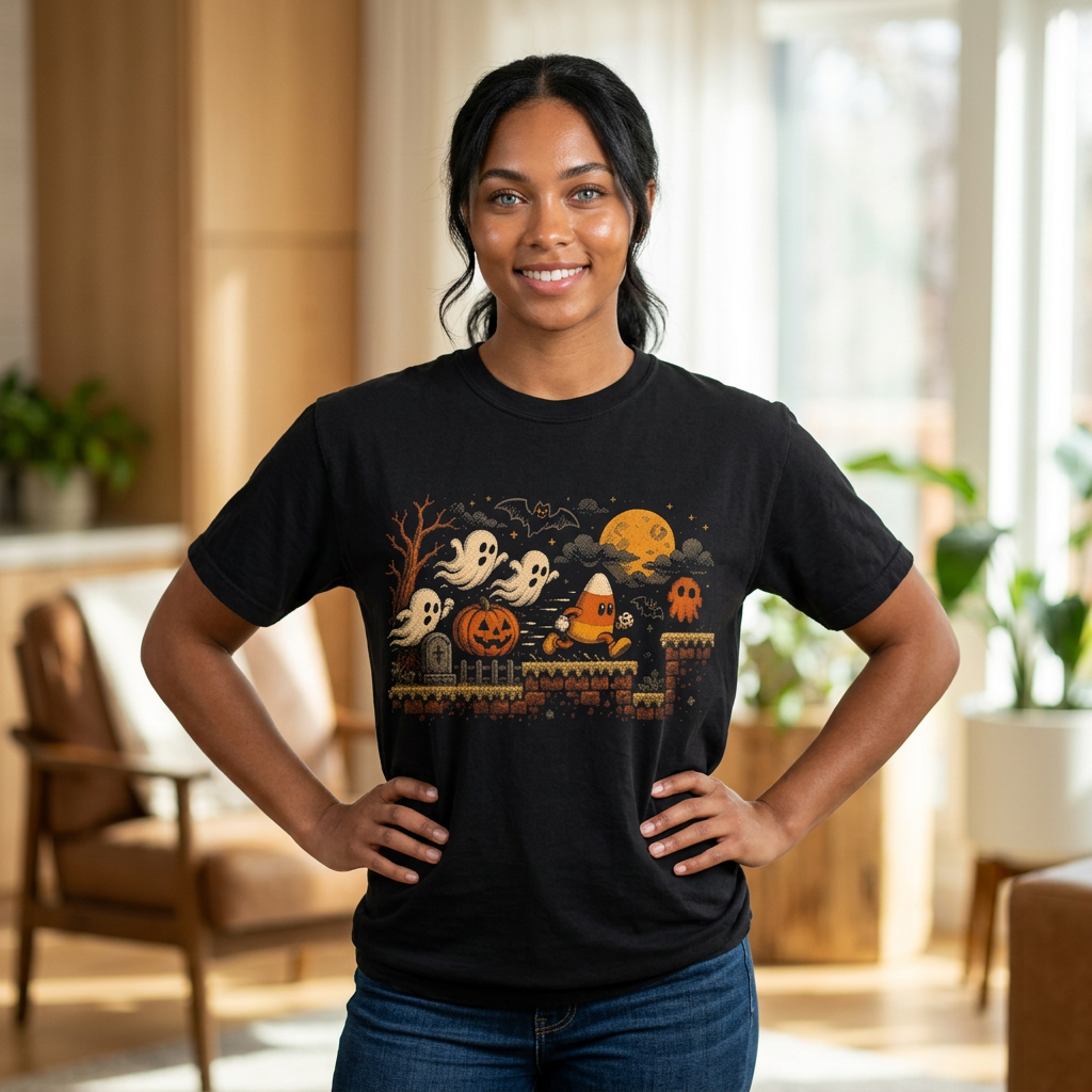 Pixel Halloween Ghosts and Pumpkins T-shirt | Retro 8-bit Spooky Night