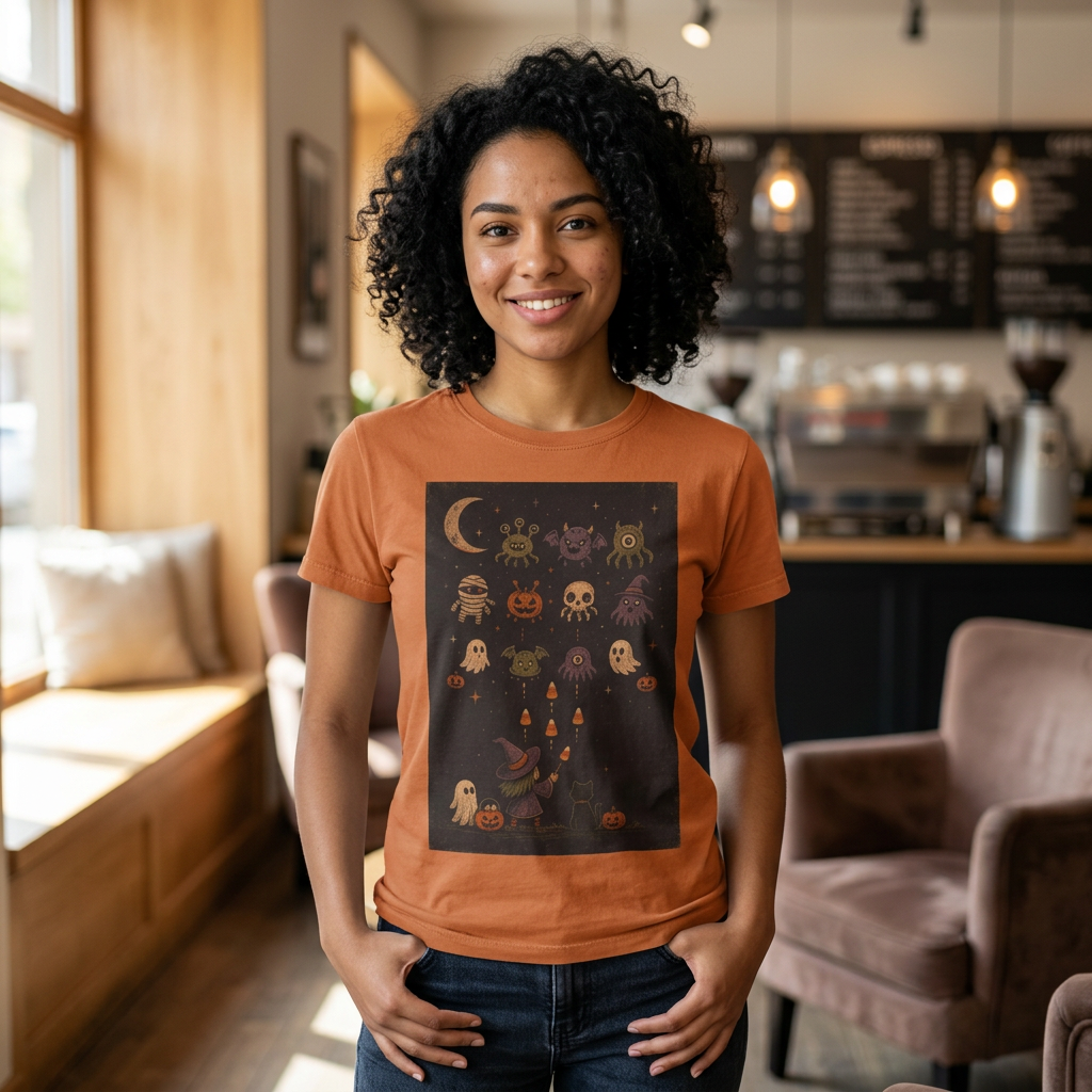 Cute Halloween Witch and Ghosts T-Shirt | Pumpkin Moon Spooky Illustration