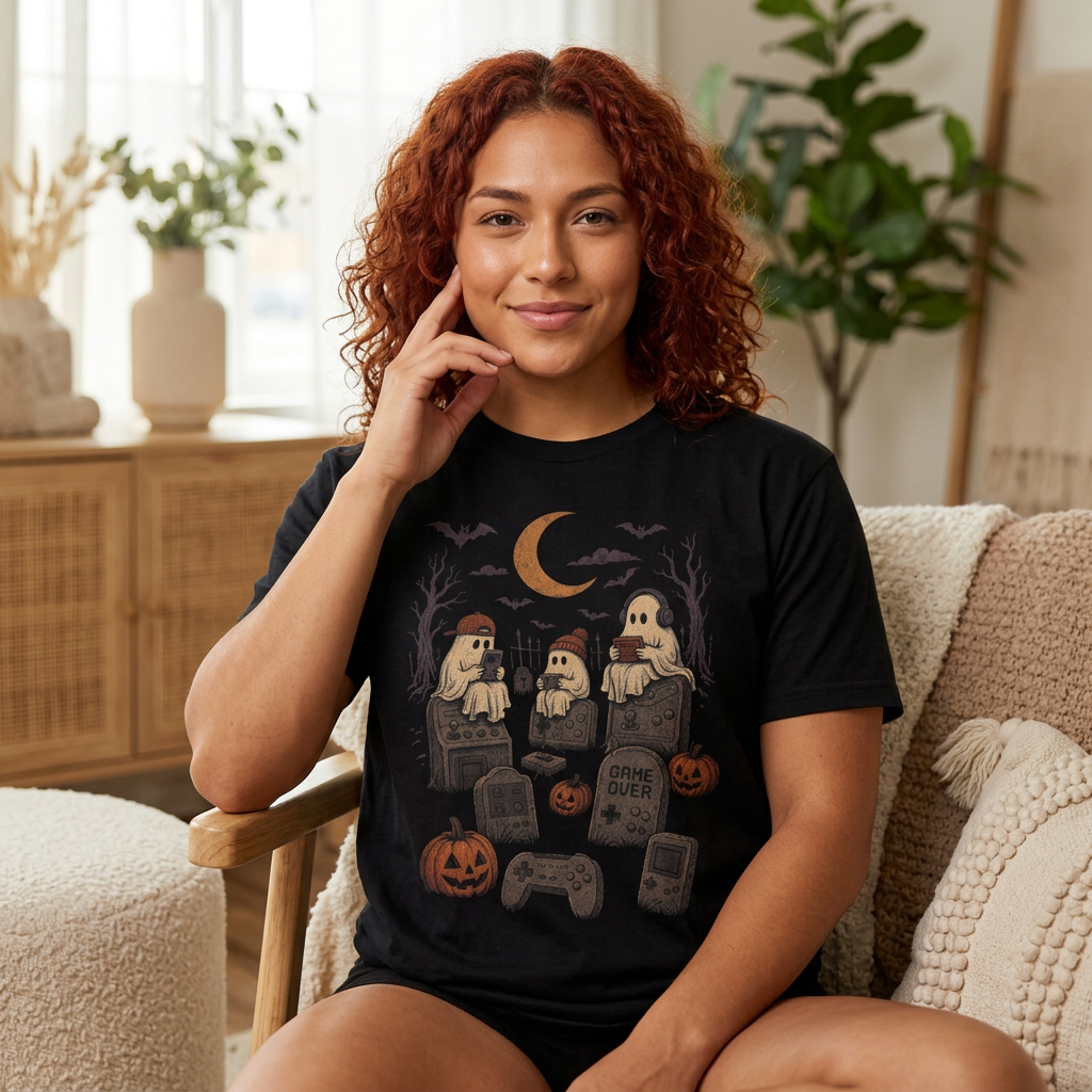 Cute Ghost Gamers T-shirt | Halloween Graveyard Controller Design
