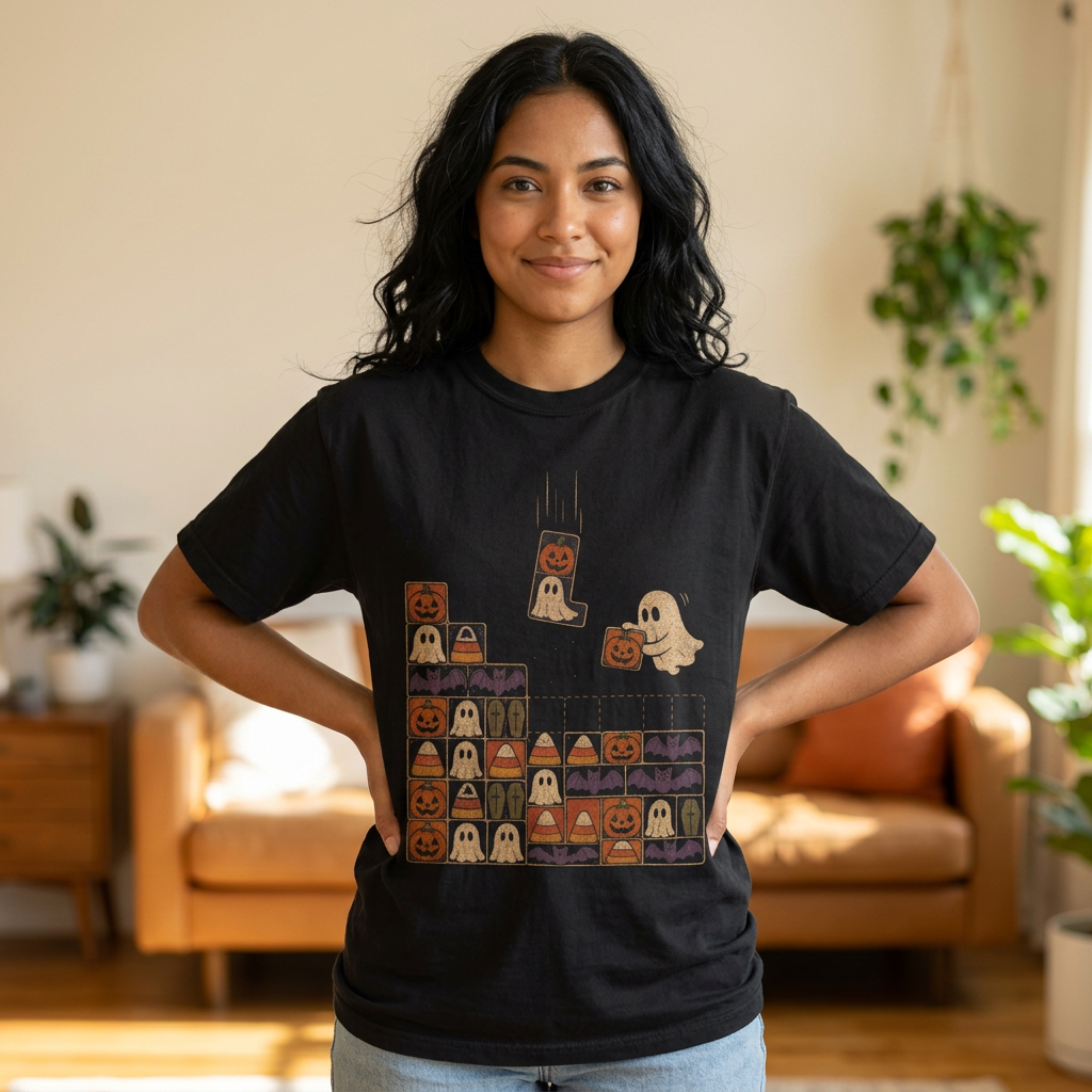 Halloween Pumpkin Ghost Block Puzzle T-shirt | Cute Retro Arcade Design