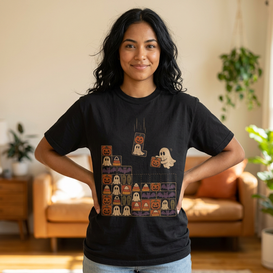 Halloween Pumpkin Ghost Block Puzzle T-shirt | Cute Retro Arcade Design