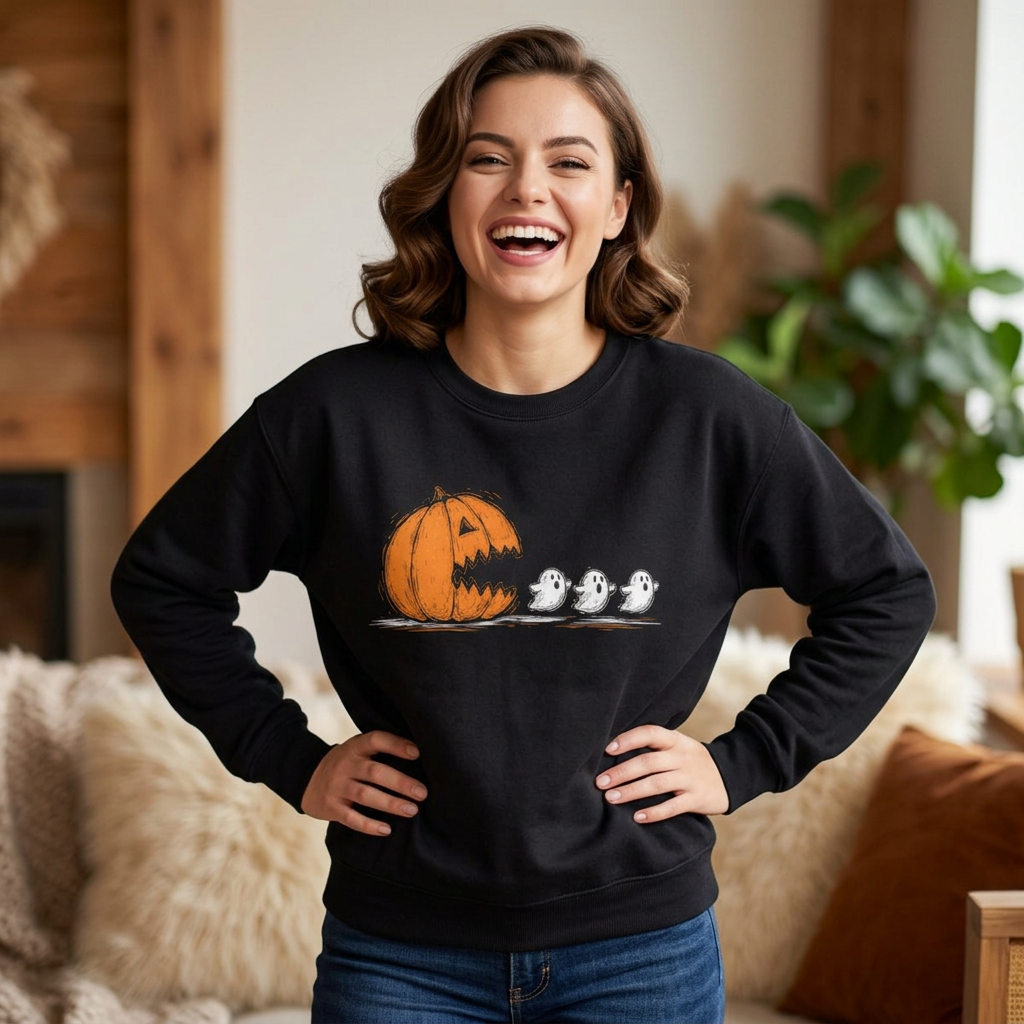 Pumpkin and Ghosts Crewneck Sweatshirt | Halloween Pumpkin Ghost Illustration