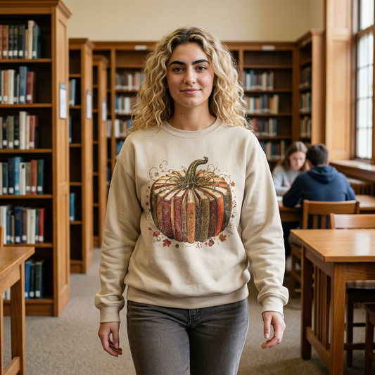 Autumn Patchwork Pumpkin crewneck sweatshirt | Fall Pumpkin Illustration