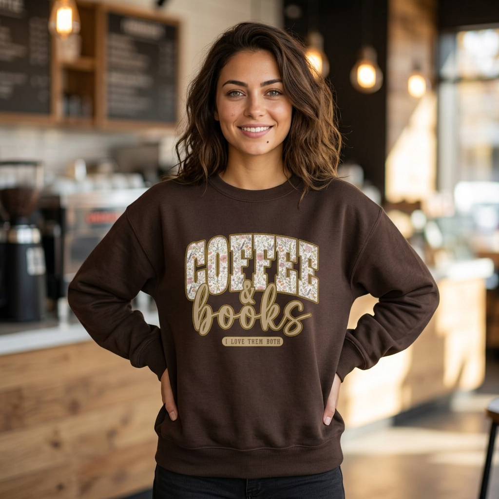 Coffee & Books Crewneck Sweatshirt | Cozy Reading Coffee Shirt