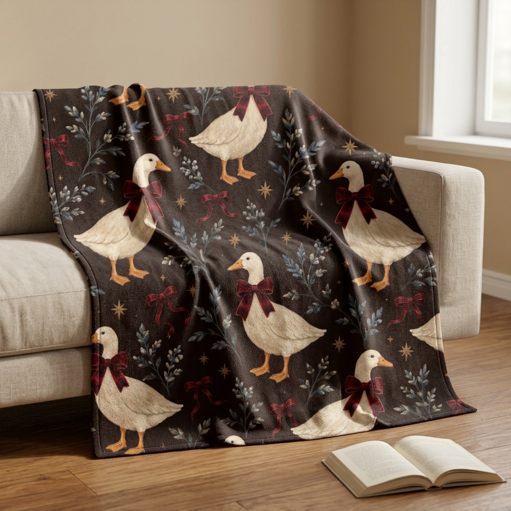 Vintage Christmas Geese Velveteen Blanket | Holiday Duck Pattern