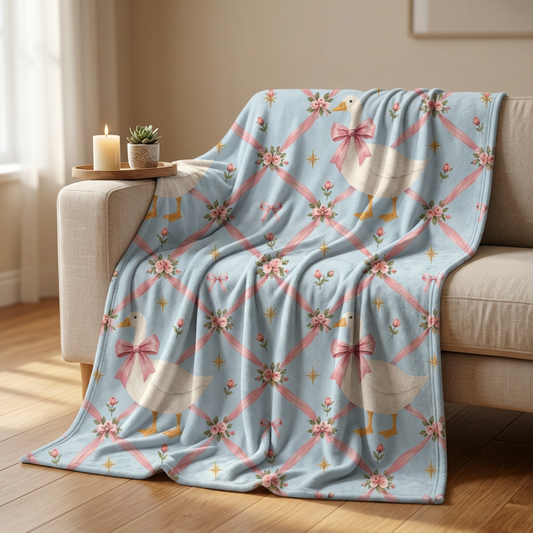 Ribbon Bow Goose blanket | velveteen microfiber throw, pastel floral lattice