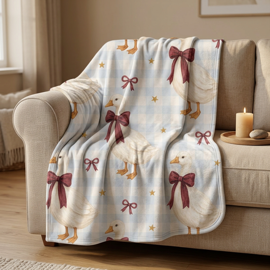 Duck Pattern Blanket | Gingham Ducks with Burgundy Bows, Cozy Nursery Throw