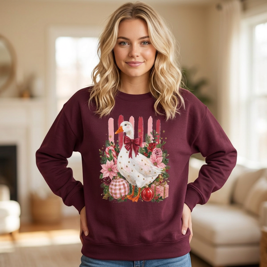 Christmas Goose Sweatshirt, Coquette Christmas Crewneck, Pink Bow Goose Shirt, Cottagecore Holiday Sweatshirt, Goose Lover Gift