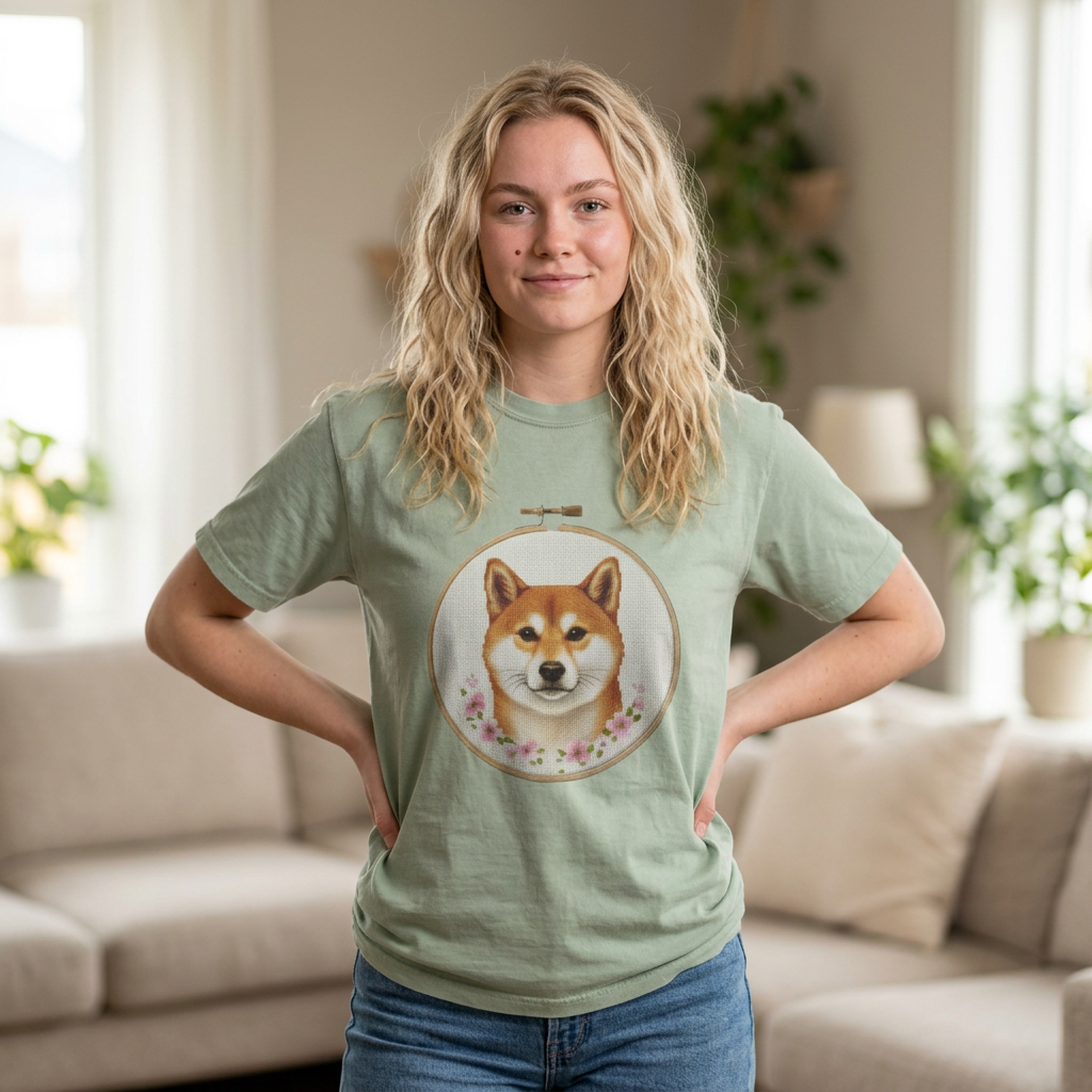 Shiba Inu Sweatshirt, Shiba Mom Gift, Vintage Cross Stitch Dog, Embroidered Floral Crewneck