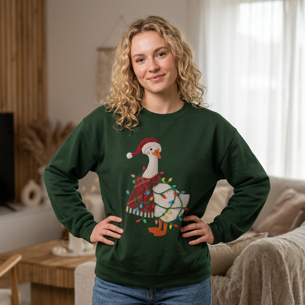 Christmas Goose Wearing Santa Hat Crewneck Sweatshirt | Holiday Duck in Lights