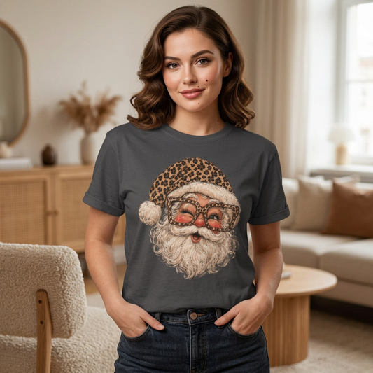 Leopard Santa Face T-shirt | Vintage Santa with Glasses Holiday Tee
