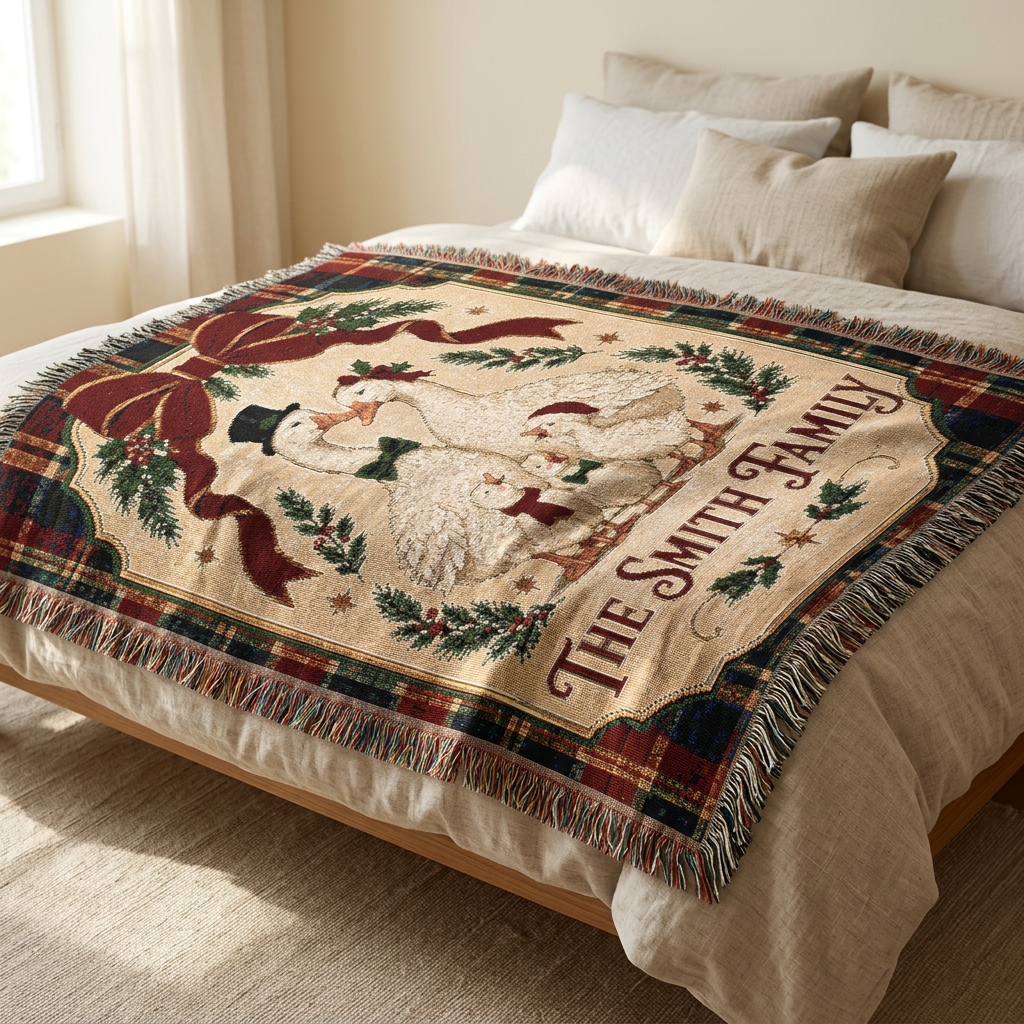 Personalized Goose Family Christmas Woven Blanket, Custom Last Name Tartan Plaid Throw, Vintage Holiday Family Gift