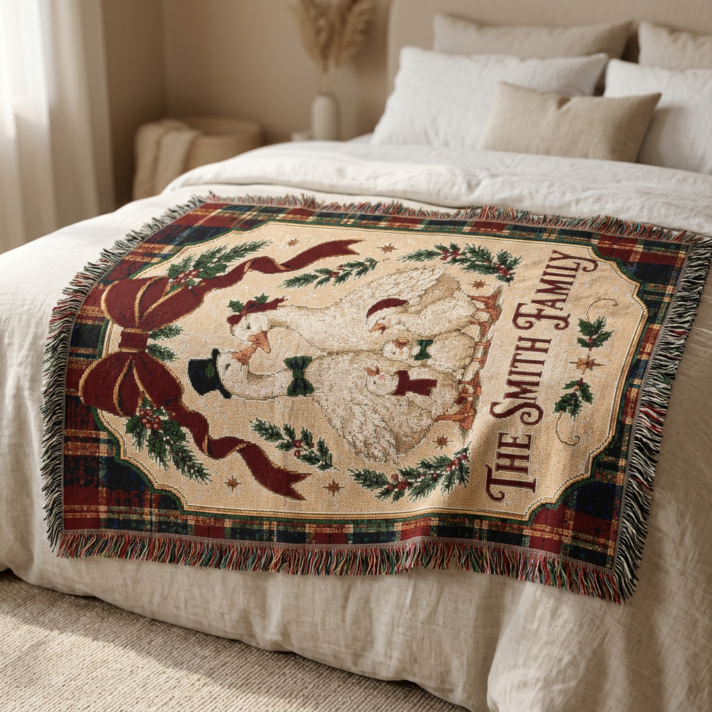 Personalized Goose Family Christmas Woven Blanket, Custom Last Name Tartan Plaid Throw, Vintage Holiday Family Gift