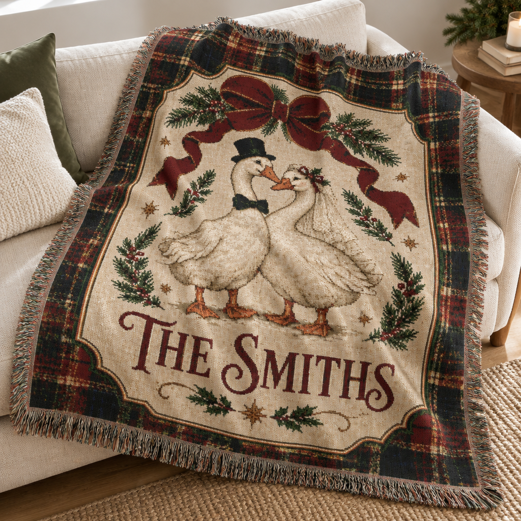Personalized Christmas Goose Woven Blanket, Custom Family Name Tartan Plaid Throw, Married Silly Goose Newlywed Wedding Gift
