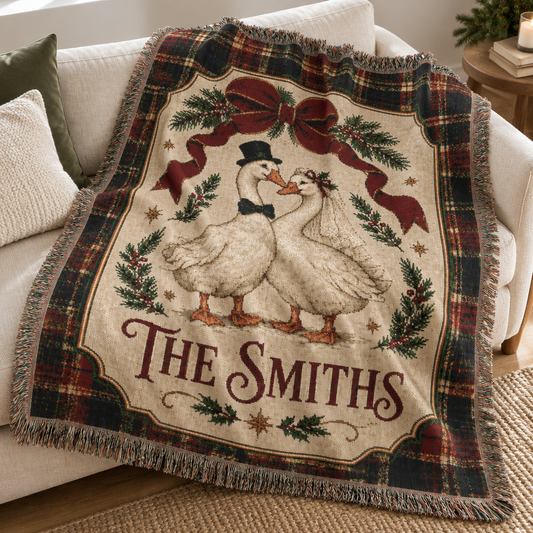 Personalized Christmas Goose Woven Blanket, Custom Family Name Tartan Plaid Throw, Married Silly Goose Newlywed Wedding Gift