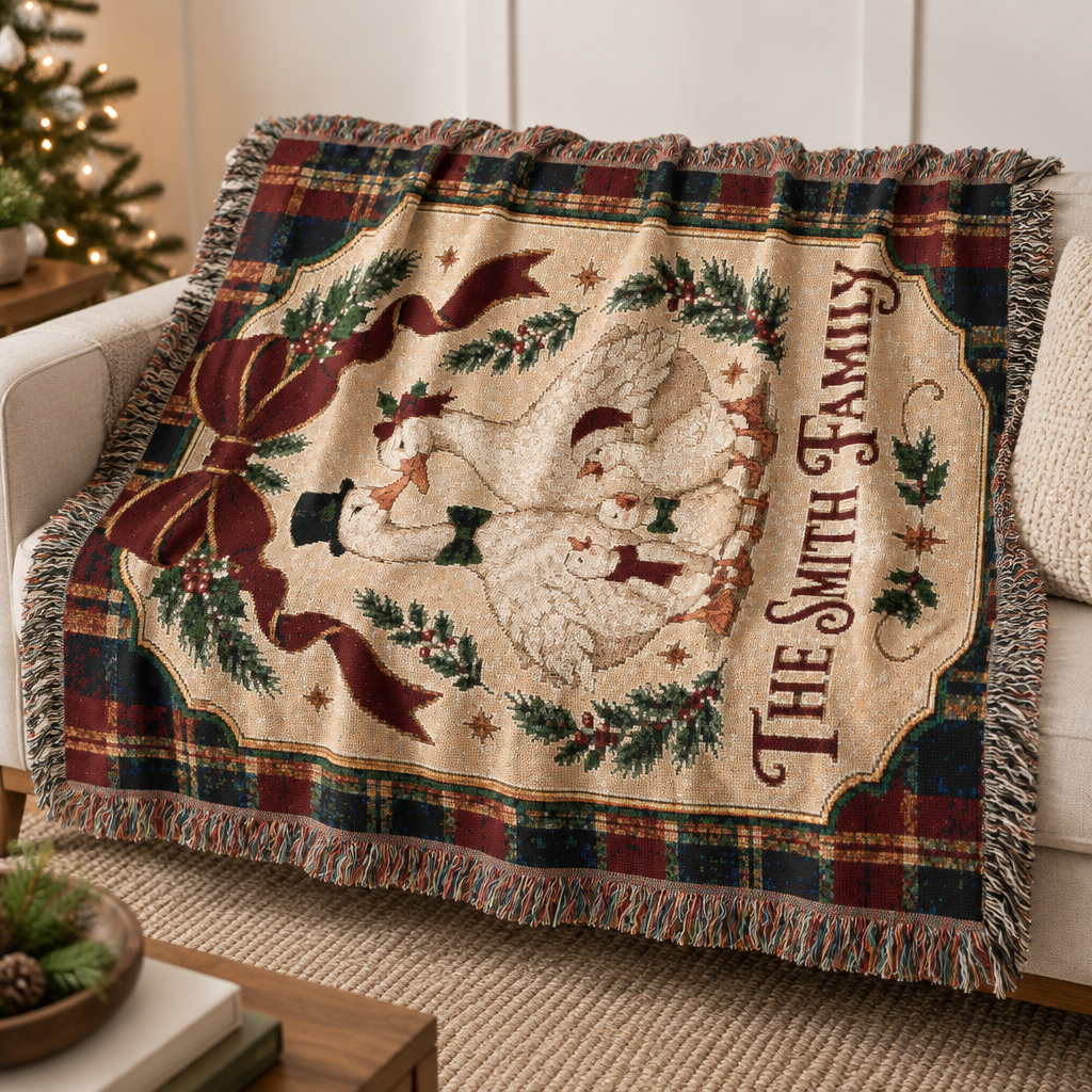 Personalized Goose Family Christmas Woven Blanket, Custom Last Name Tartan Plaid Throw, Vintage Holiday Family Gift