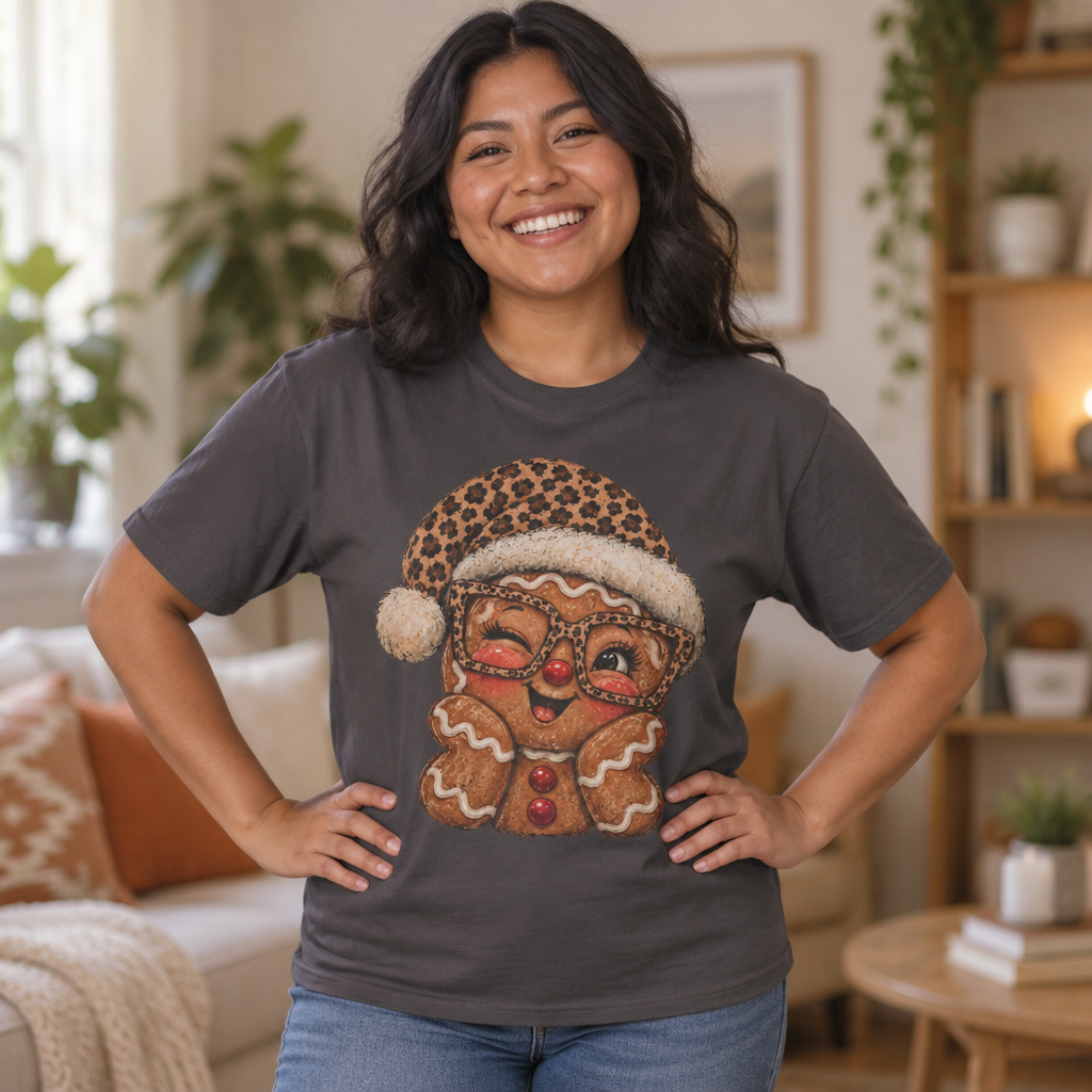 Gingerbread Christmas Shirt, Leopard Gingerbread Tee, Cute Christmas T-Shirt, Retro Holiday Shirt, Gingerbread Lover Gift for Her