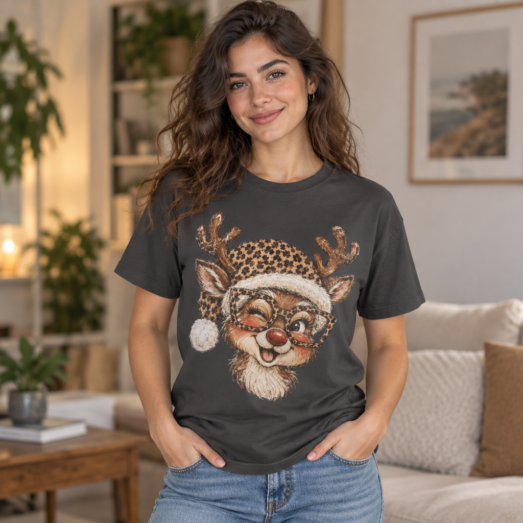 Leopard Reindeer Christmas Shirt, Retro Reindeer Tee, Cheetah Print Holiday Shirt, Cute Christmas T-Shirt, Reindeer Gift for Her