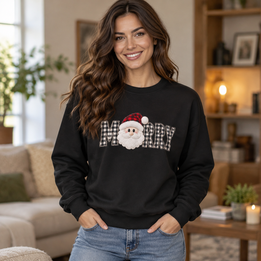 Merry Christmas Sweatshirt, Santa Christmas Crewneck, Plaid Holiday Sweater, Cute Santa Shirt, Cozy Christmas Gift for Her