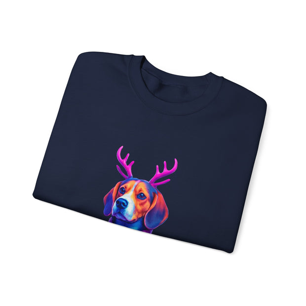 Beagle with Reindeer Antlers Sweatshirt | Colorful Holiday Dog Illustration