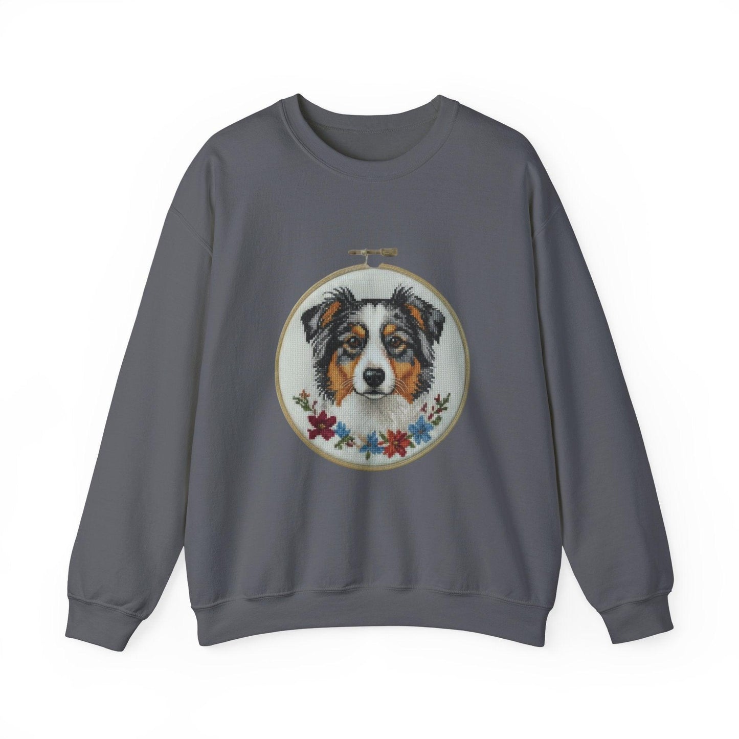 Australian Shepherd Sweatshirt, Aussie Dog Mom Gift, Embroidery Hoop Portrait, Cross Stitch Dog Crewneck