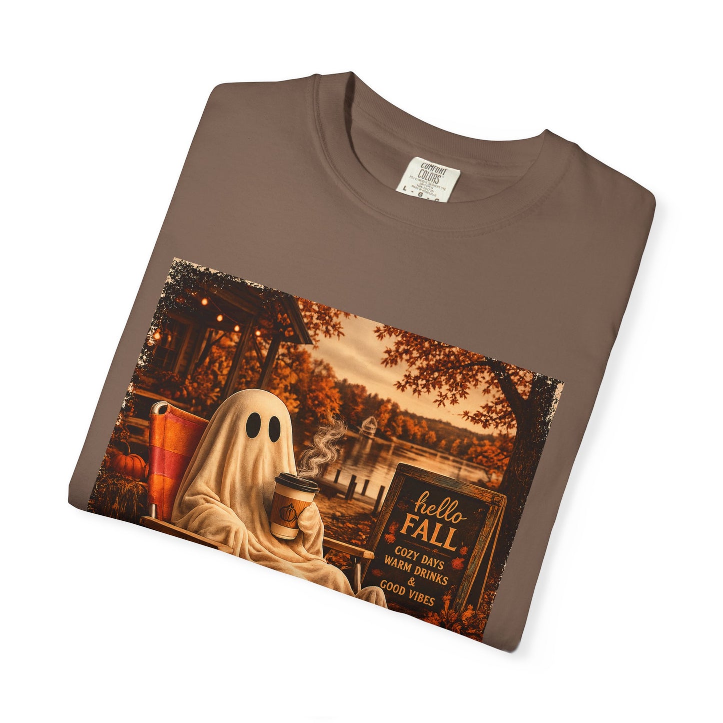 Cozy Ghost in Chair Fall T-shirt | Autumn Leaves, Retro Halloween Scene, Summerween