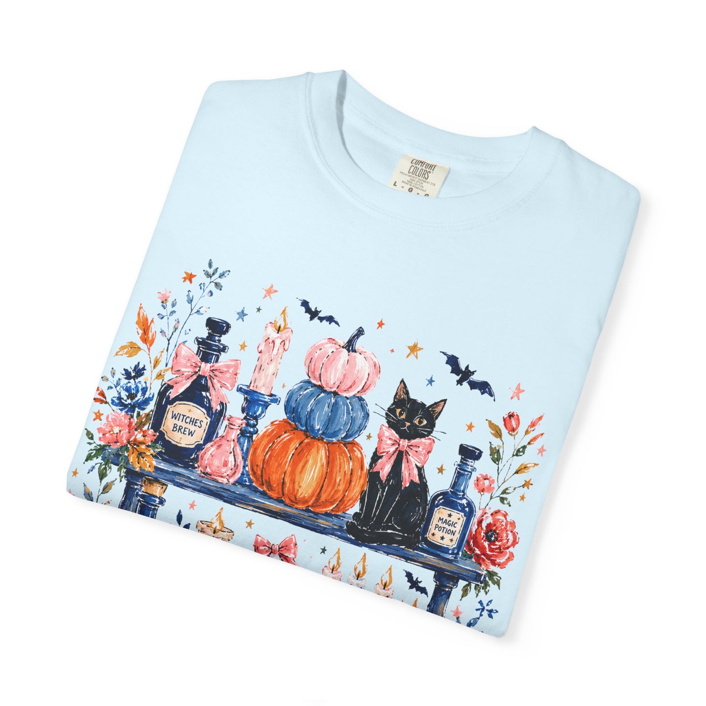 Autumn Apothecary Illustration T-shirt | Pumpkins, Black Cat, Potion Bottles