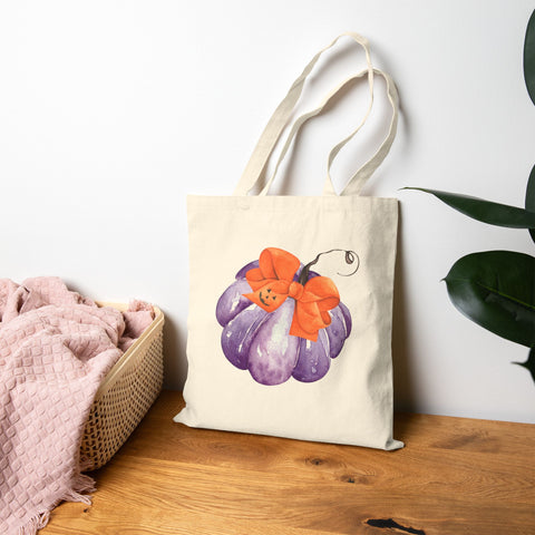 Purple Pumpkin Wrapped In A Bow Cotton Canvas Tote Bag
