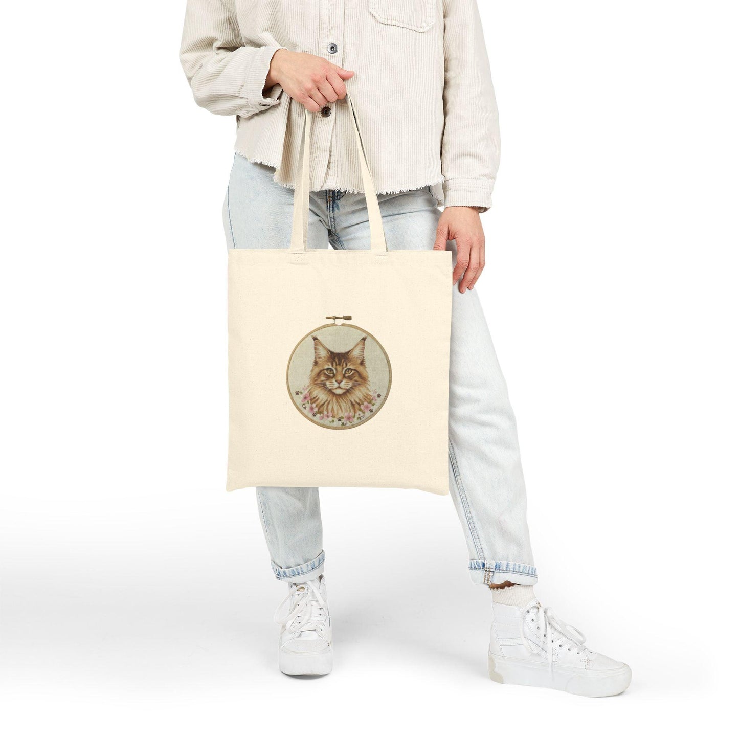 Vintage Floral Cat Portrait Tote Bag | Illustrated Maine Coon Canvas