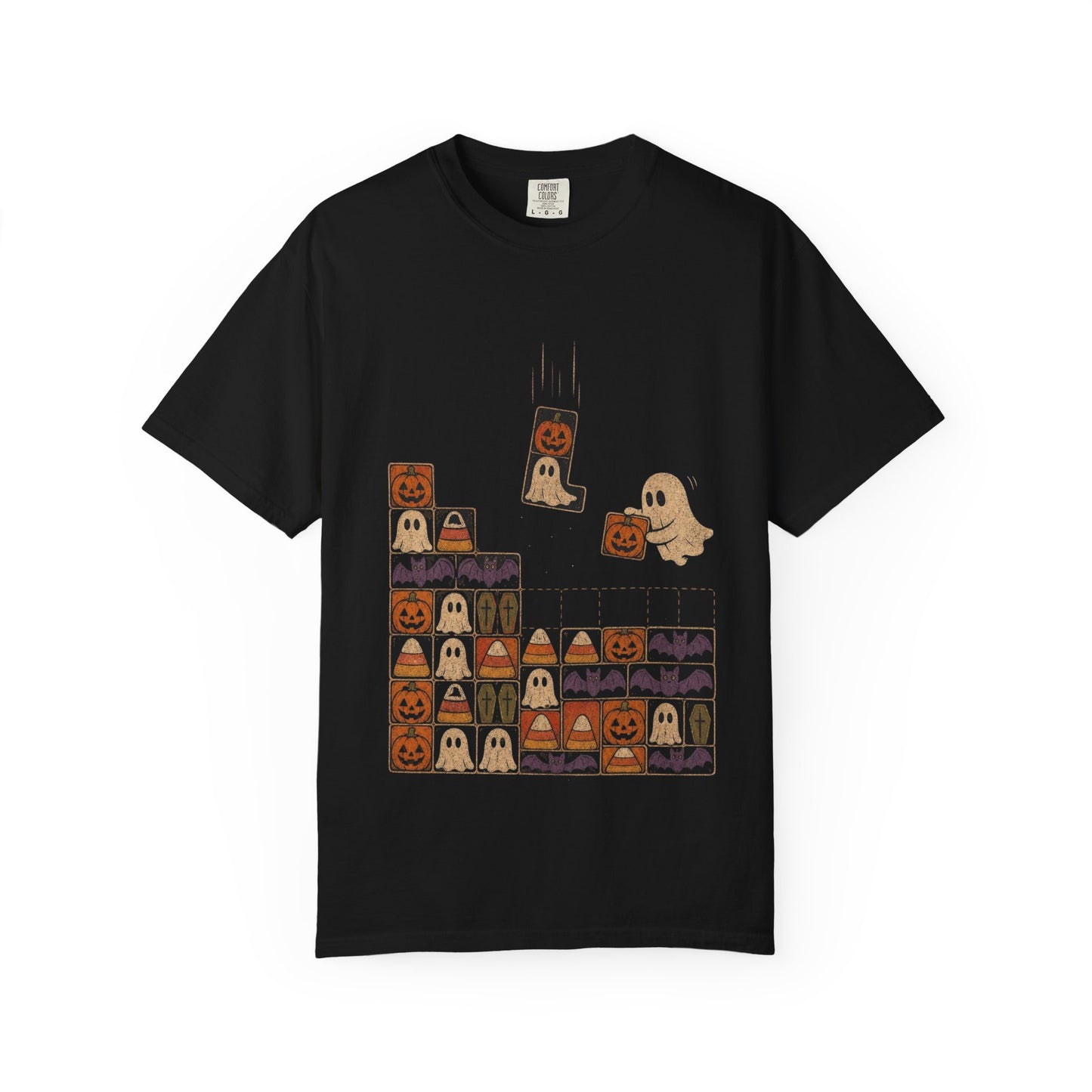 Halloween Pumpkin Ghost Block Puzzle T-shirt | Cute Retro Arcade Design