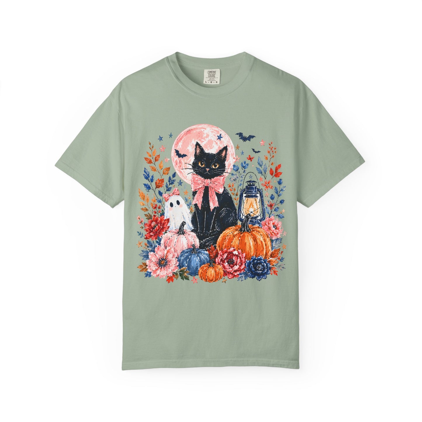 Black Cat with Pumpkins T-shirt | Halloween Moon Lantern Floral Design