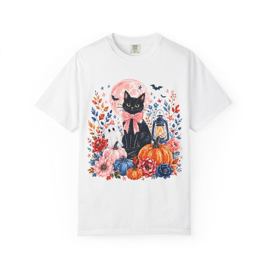Black Cat with Pumpkins T-shirt | Halloween Moon Lantern Floral Design