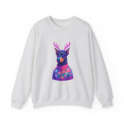 Vibrant Doberman Antlers Sweatshirt, Quirky Animal Crewneck, Cozy Holiday Gift, Fun Winter Apparel, Casual Style Top