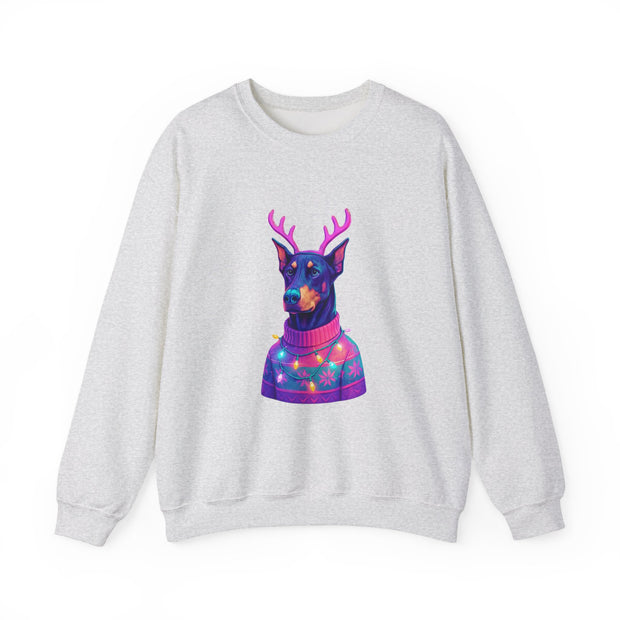 Vibrant Doberman Antlers Sweatshirt, Quirky Animal Crewneck, Cozy Holiday Gift, Fun Winter Apparel, Casual Style Top