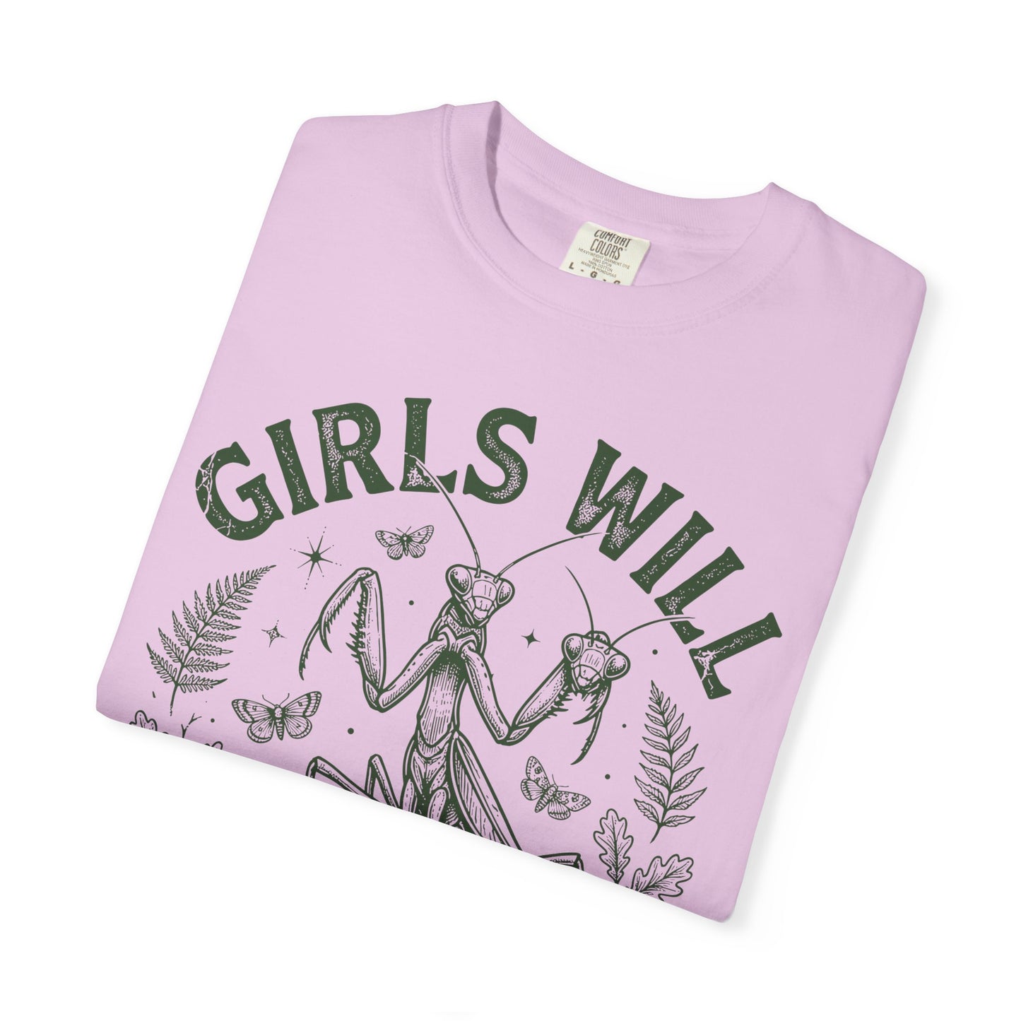 Praying Mantis 'Girls Will Be Girls' T-shirt | Insect Illustration, Botanical Accent